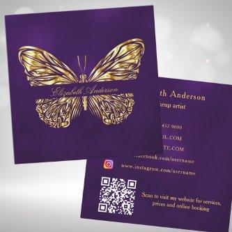 Butterfly purple gold QR code elegant script Square