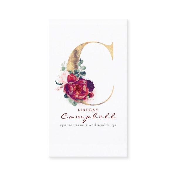 C Monogram Burgundy Red Flowers and Faux Gold