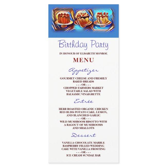 Cake Art Blue Birthday Party Menu