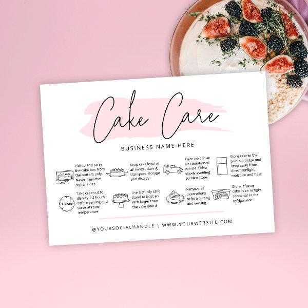 Cake Care Instructions Guide Girly Pink Watercolor