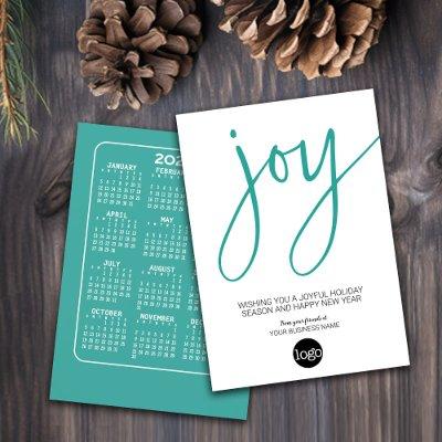 Calendar and Logo - JOY - Aqua White - Business Holiday Card