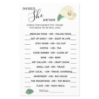 Calla Lily Would She Rather shower game card Flyer