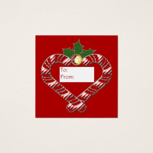 Candy Cane hearts with bell and holly on red