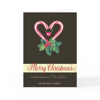 Candy Canes,Holly Berry,Love,Monogram Holiday Card