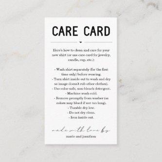 Care Card, Homemade Candle Shirt Jewelry Tumbler Enclosure Card