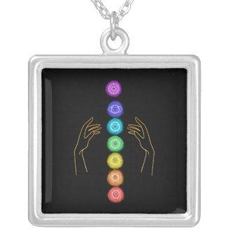 *~* Caress The Chakra Symbols +  Healing Hands Silver Plated Necklace