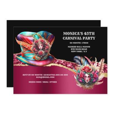Carnival fantasy ladies rose feathers burgundy  invitation