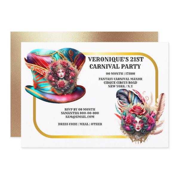 Carnival fantasy ladies rose feathers cirque gold invitation