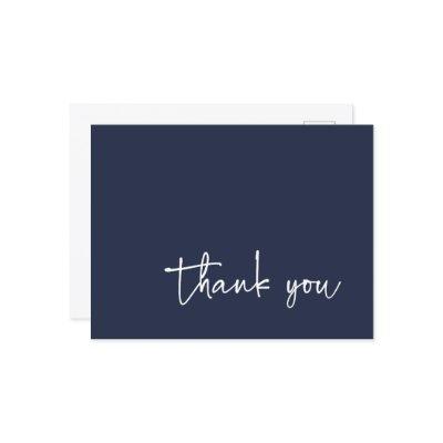 Casual Script Typography Navy Blue Thank You Postcard