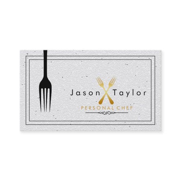 Catering Retro Stone White Chef Gold Fork Crossed