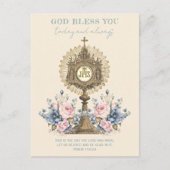 Catholic Eucharist Jesus Blue Floral Postcard