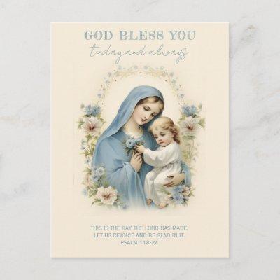 Catholic Mary and Jesus Floral Scripture Postcard