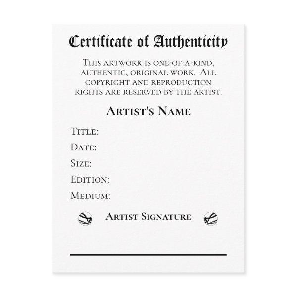 Certificate of Authenticity Artists  Art Retailers Invitation