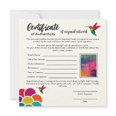 Certificate of Authenticity for Original Artwork Card