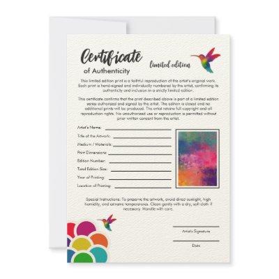 Certificate of Authenticity Limited Edition Print Card