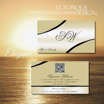 Champagne Beige Curved Lines Monogram and QR Code