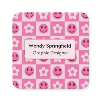 Checkered Flowers and Happy Faces Pink    Square