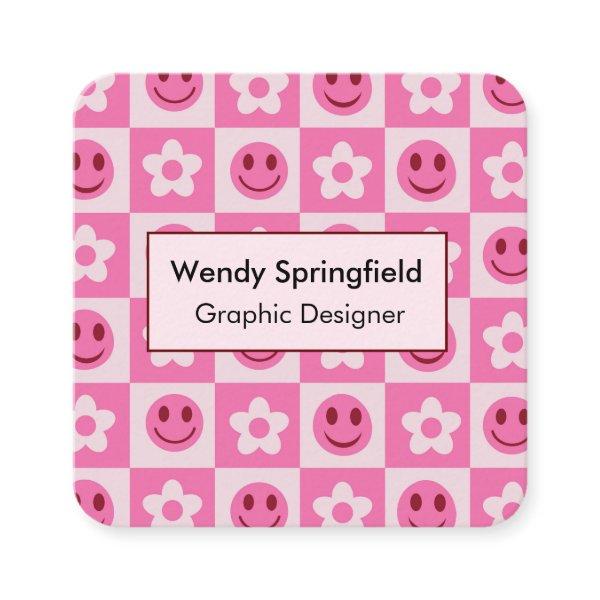 Checkered Flowers and Happy Faces Pink    Square