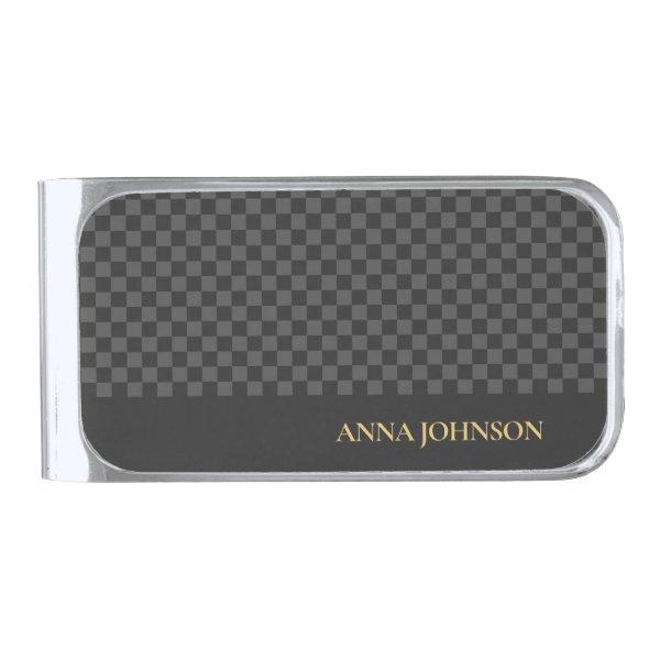 Checkered Pattern Personalized Name Silver Finish Money Clip