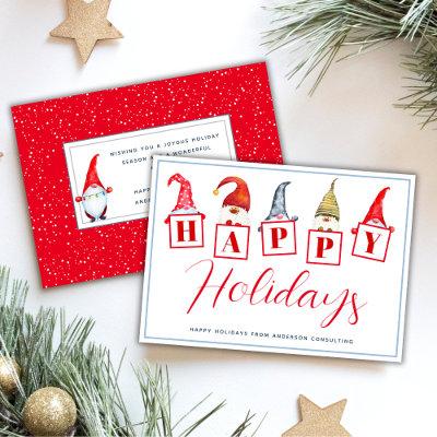 Cheerful Happy Holidays Gnomes Red Business Holiday Card