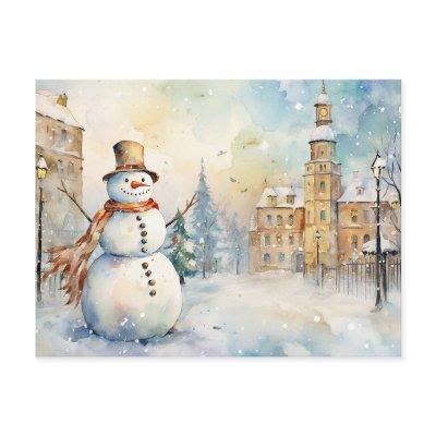 Cheerful Whimsical Snowman in a Snowy Village Postcard