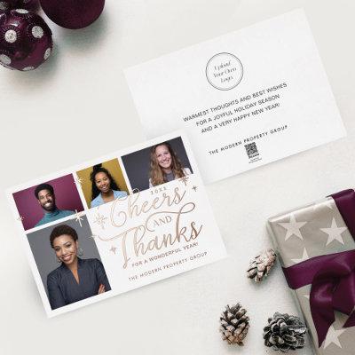 Cheers & Thanks Script Business Team Four Photo Foil Holiday Card