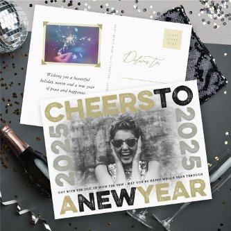 Cheers To 2025 Gold Typography Blocks Frame Photo Holiday Postcard