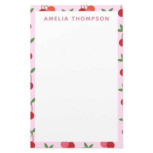 Cherry Fruit Pattern in Pink and Red Personalized Stationery