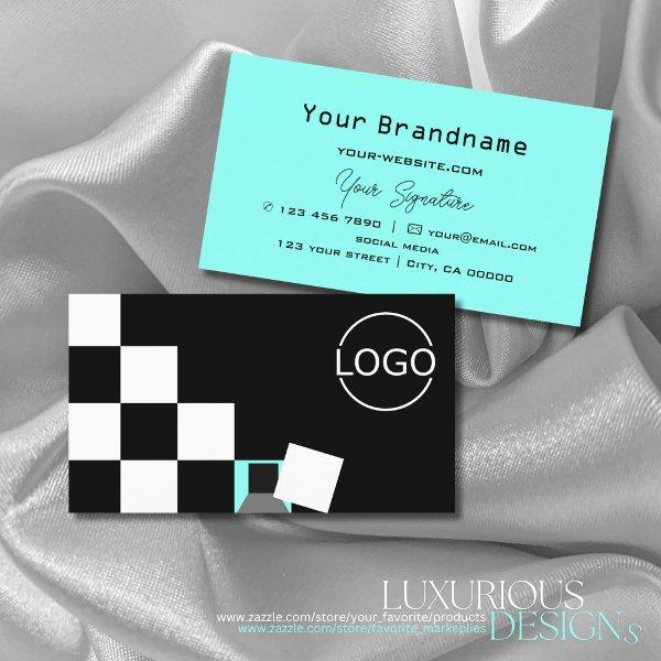 Chessboard Black White Teal Modern with Logo Cool
