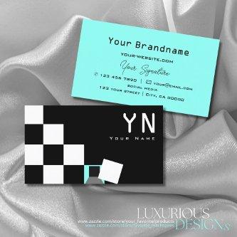 Chessboard Black White Teal with Monogram Modern