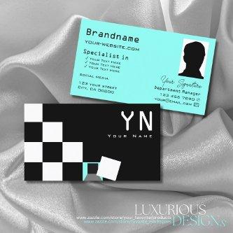 Chessboard Black White Teal with Monogram & Photo