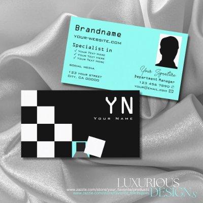 Chessboard Black White Teal with Monogram & Photo