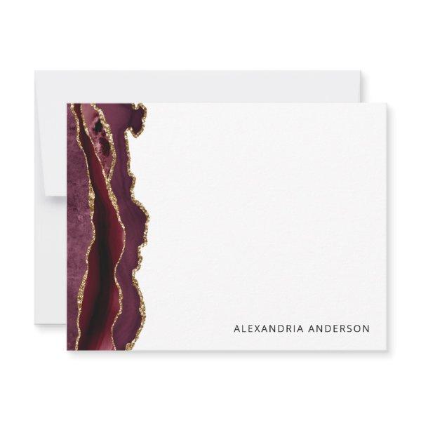 Chic Agate Burgundy Red Gold Glitter Marble Geode Note Card