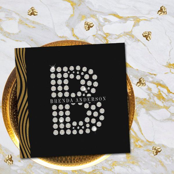 Chic Black Gold Diamond Initial B Monogram QR Code Square