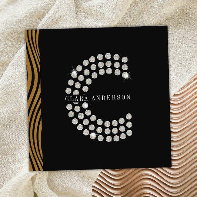 Chic Black Gold Diamond Initial C Monogram QR Code Square