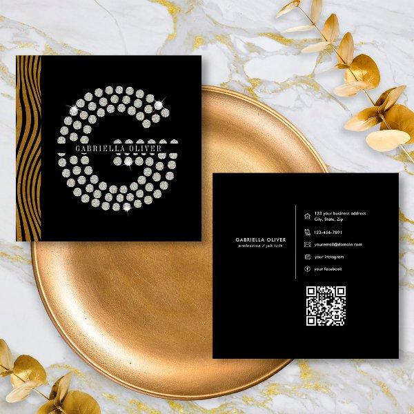 Chic Black Gold Diamond Initial G Monogram QR Code Square