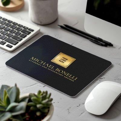 Chic Black Gray Leather Luxury Gold Logo NAME Mouse Pad
