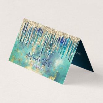 Chic blue turquoise gold glitter drips monogram