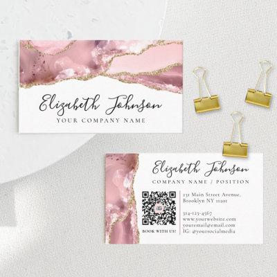 Chic Blush Pink Gold Glitter Agate Marble QR Code