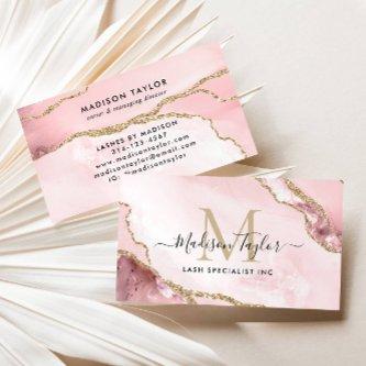 Chic Blush Pink Gold Glitter Marble Agate Monogram