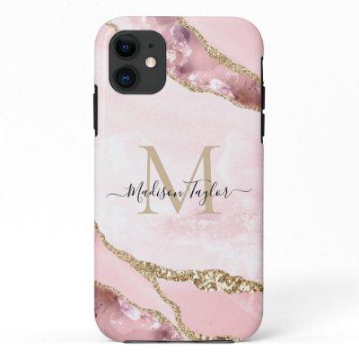 Chic Blush Pink Gold Glitter Marble Agate Monogram iPhone 11 Case