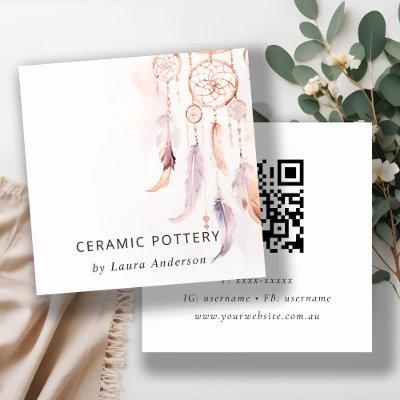 Chic Boho Dreamcatcher Watercolor QR Code Square