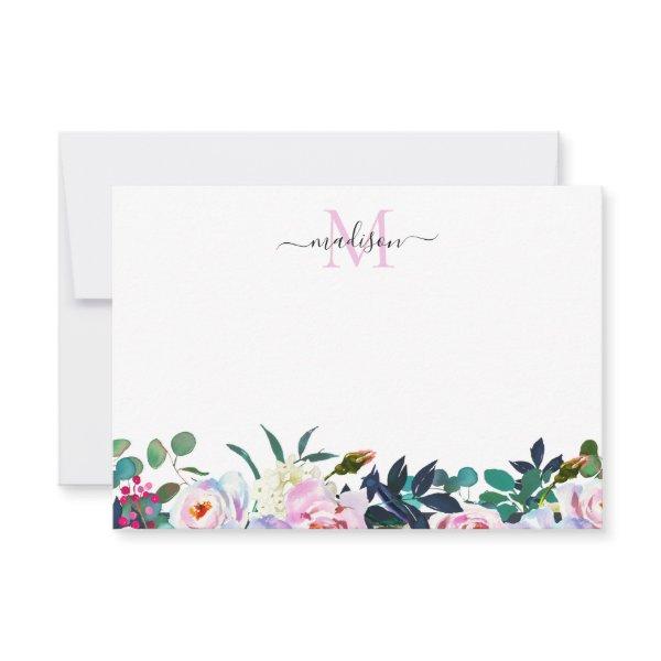 Chic Floral Blush Pink Peony Botanical Monogram Note Card