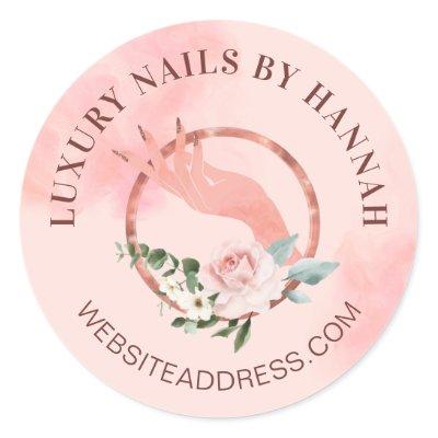 Chic Floral Nail Art Manicure Hand Nail Salon Logo Classic Round Sticker