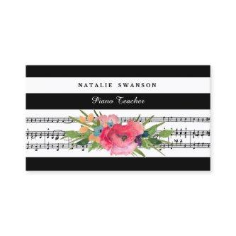 Chic Floral Piano Teacher Modern Musical Notes