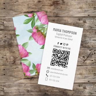 Chic Floral Pink Peony Professional QR Code Simple