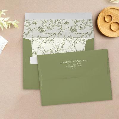 Chic Floral Sketch Text Moss Green Wedding Envelope