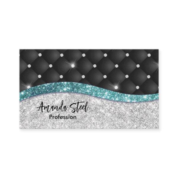 Chic girly faux Silver glitter black teal monogram Appointment Card