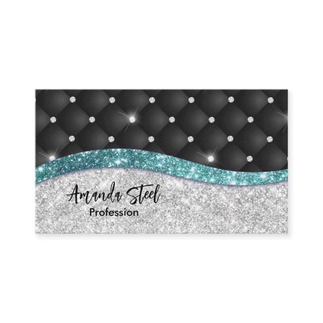 Chic girly faux Silver glitter black teal monogram Appointment Card