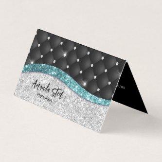 Chic girly faux Silver glitter black teal monogram